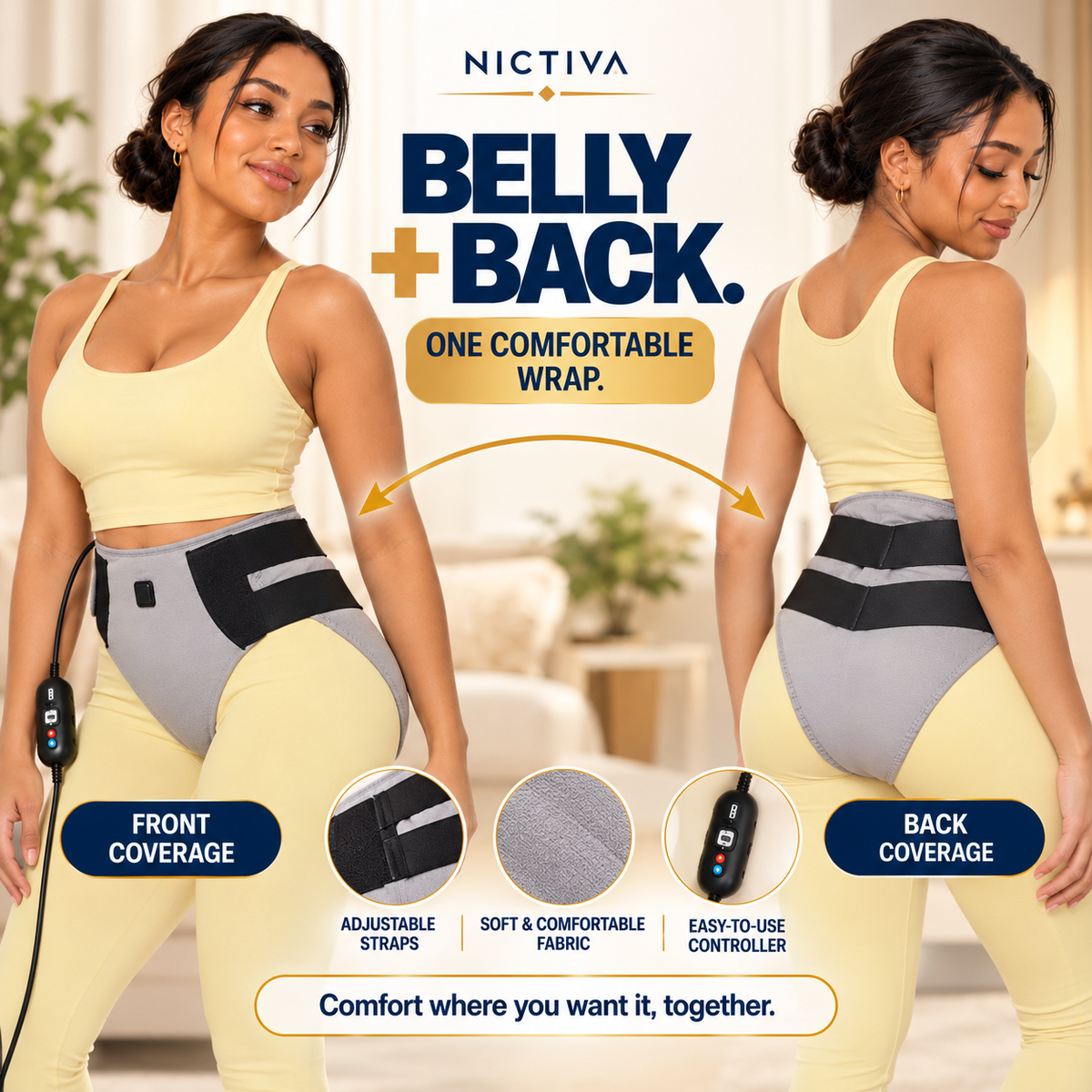 Wrap coverage across lower belly and lower back