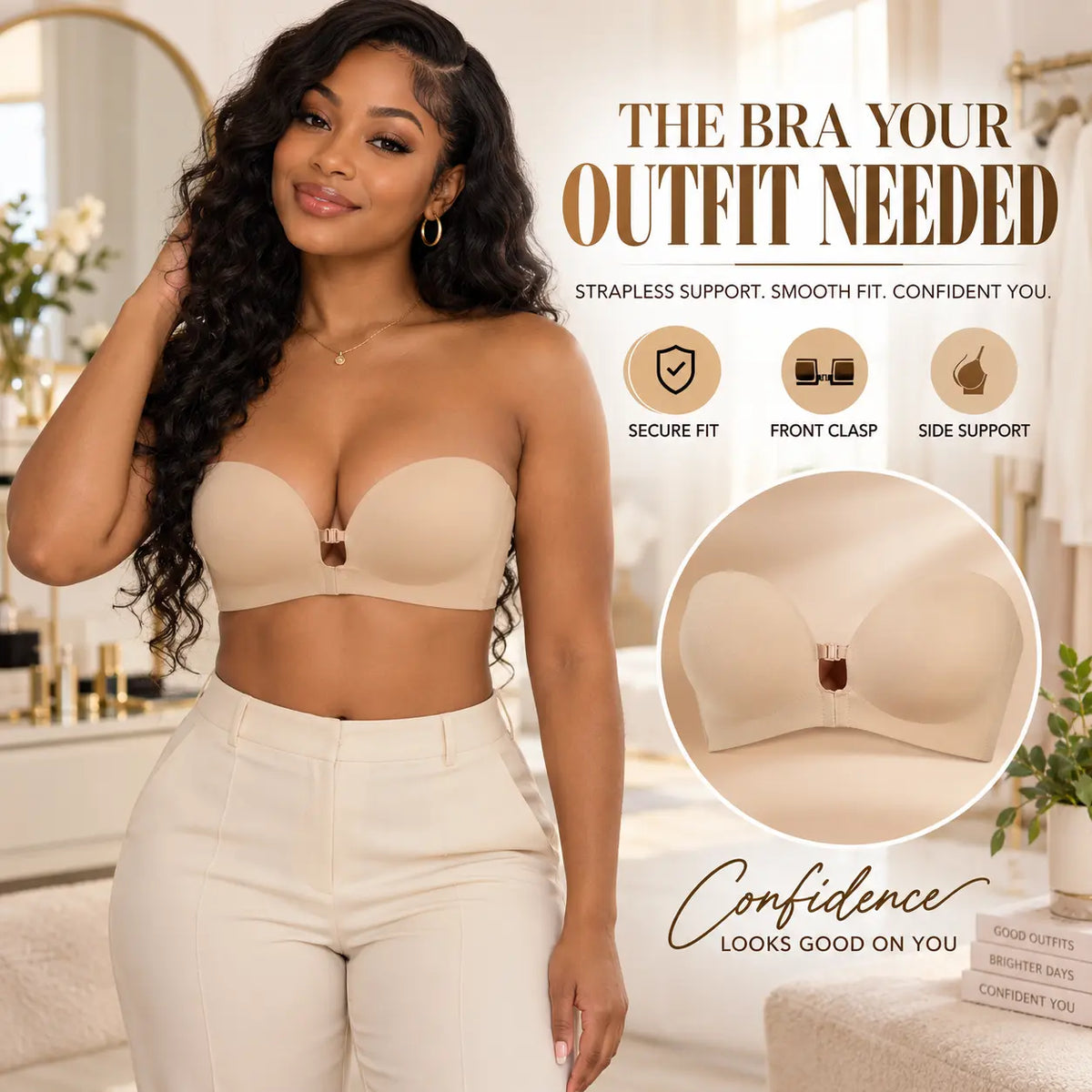 Nictiva strapless bra shown with support and fit details