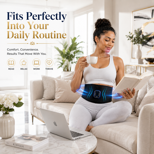 Woman wearing the Nictiva Smart EMS Waist Belt at home