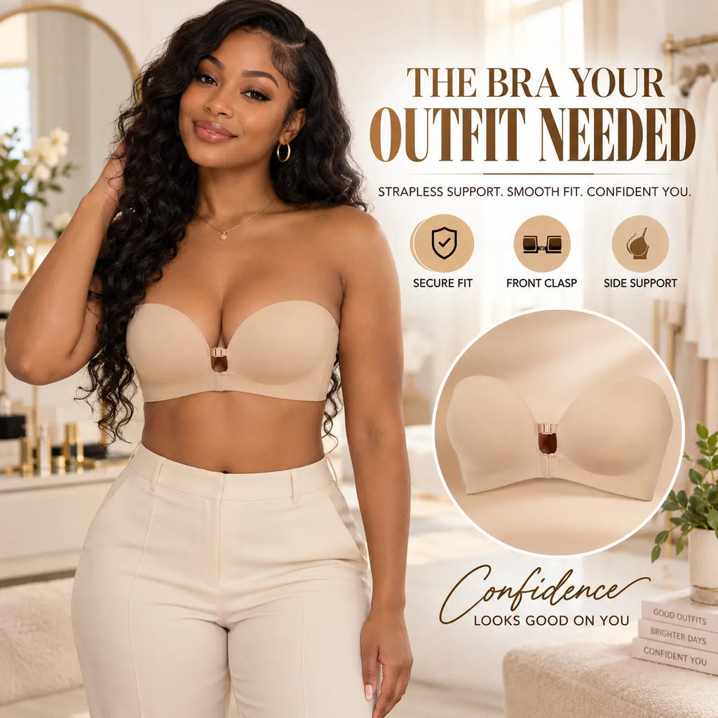 Nictiva strapless bra modeled with a cream outfit and fit details