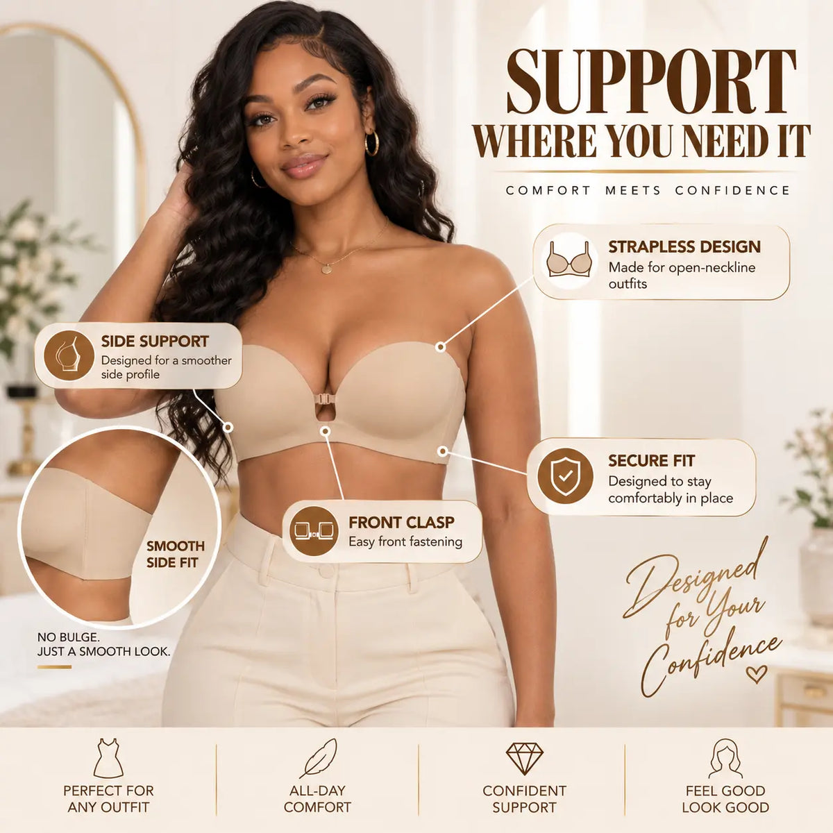 Nictiva bra front clasp and side support details
